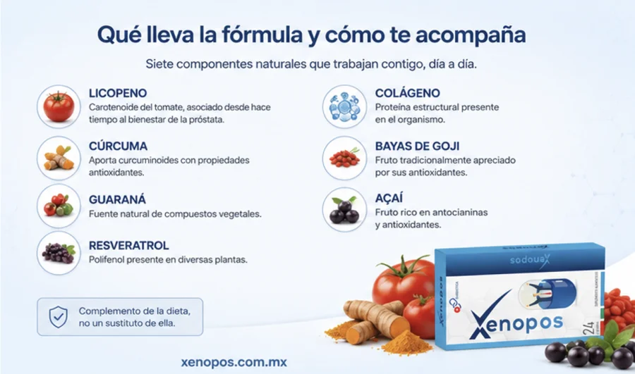 Xenopos — cápsulas con licopeno, cúrcuma, guaraná, resveratrol, colágeno, goji y açaí